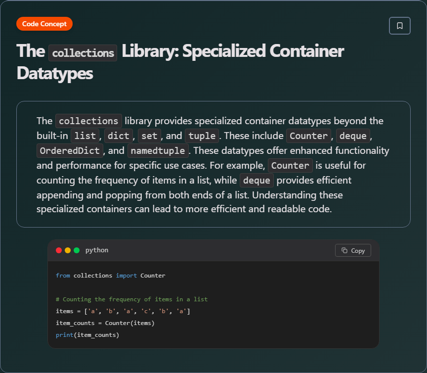 techielearns's tweet image. ✨ The `collections` Library: Specialized Container Datatypes (Python)

#Python #PythonDev #DataScience #WebDev #100DaysOfCode #DevLife