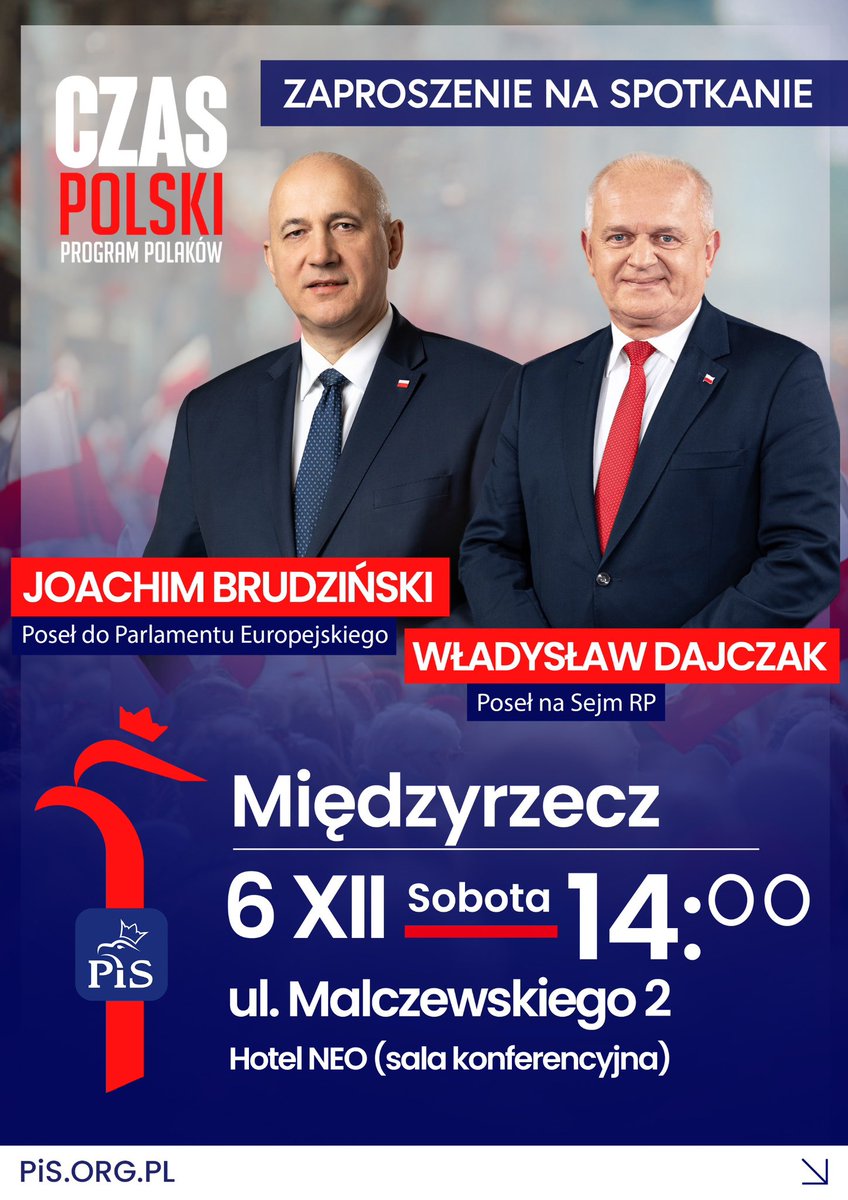 #Międzyrzecz 🇵🇱👍. Z posłem Władysławem Dajczakiem <a href="/DajczakW/">Władysław Dajczak</a> zapraszamy na spotkanie w najbliższą sobotę (6 grudnia) o godz. 14.00. Porozmawiajmy o Polsce! Do zobaczenia 👍.

#CzasPolski #ProgramPolaków #Lubuskie <a href="/pisorgpl/">Prawo i Sprawiedliwość</a>