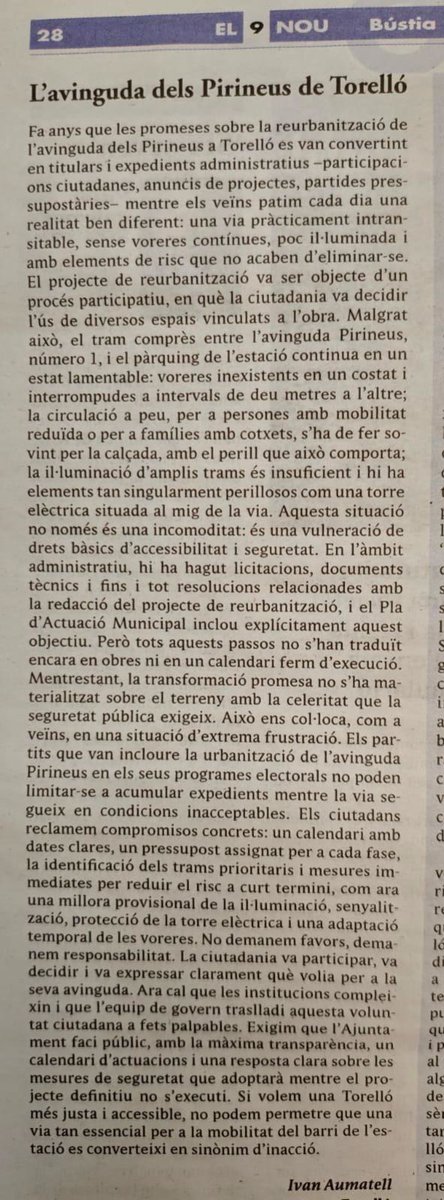 COOKIEHAPPYCAT's tweet photo. Cotxets, cadires de rodes i veïns obligats a la calçada… 
La carta publicada al diari 9 Nou (28/11/2025) mostra com l’Ajuntament de #Torelló ignora la realitat. 

#valldelges #osona #AvingudaPirineus #SeguretatVianants #MobilitatReduïda #Accesibilitat #Urbanisme #DretsVianants https://t.co/7QQlQuk3eN