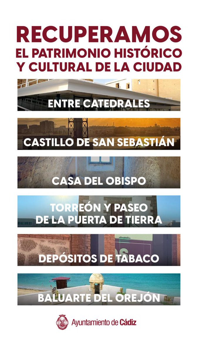 😃 Nuevos espacios culturales recuperados #Cádiz 

✅ Entre Catedrales
✅ Castillo de San Sebastián
✅ Casa del Obispo
✅ Torreón y paseo superior de Puerta Tierra
✅ Depósitos de Tabaco
✅ Baluarte del Orejón 

#CádizEsCultura #CádizEsElPlan
