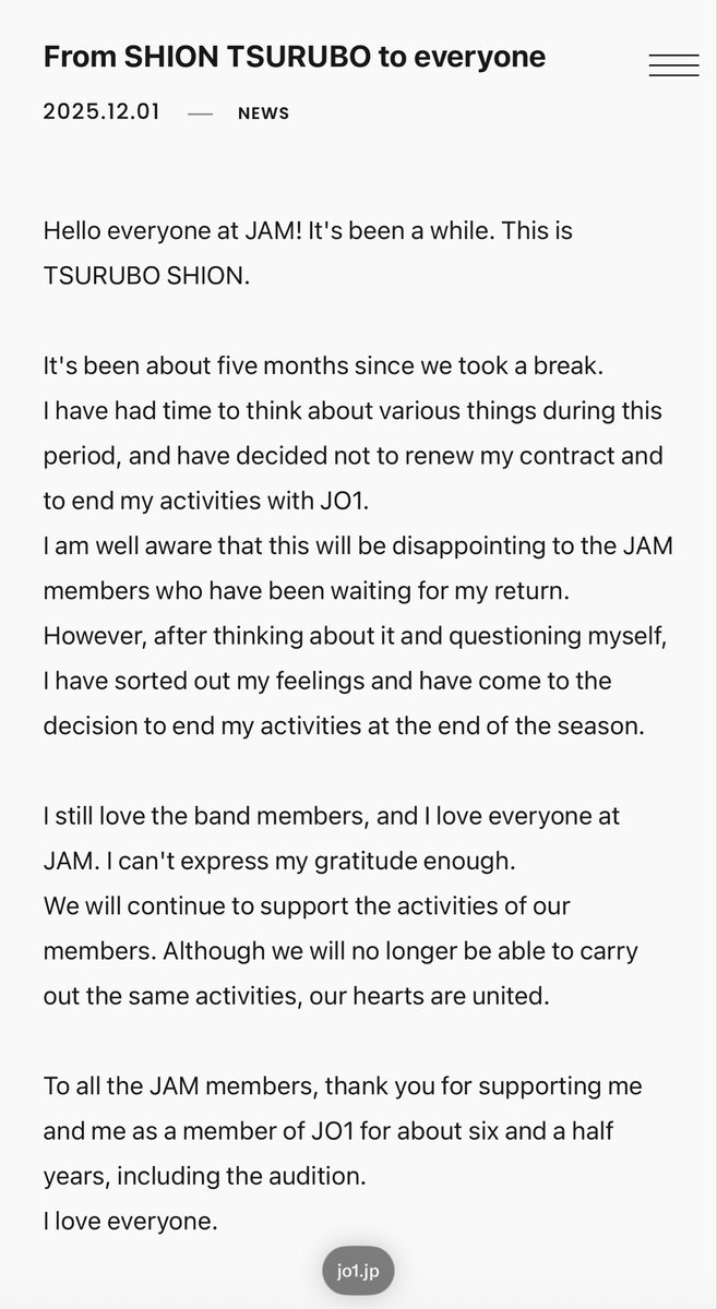 #TSURUBOSHION has left a message to everyone regarding his departure from the group