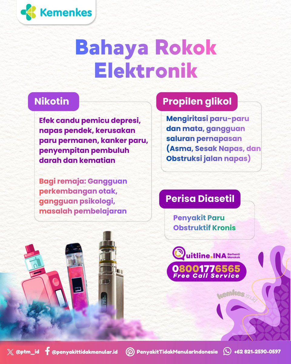 ptm_id's tweet image. Hi Sobat Sehat, rokok elektronik bukan pilihan aman!

📞 Butuh bantuan untuk berhenti? Hubungi Quitline.INA 0800-177-6565 (Gratis)

#CERDIK #CegahPTM #P2P #DukungGERMAS #BerhentiMerokok #StopVapeSekarang #CegahPTM #HidupSehat2025 #SobatSehat #QuitlineINA