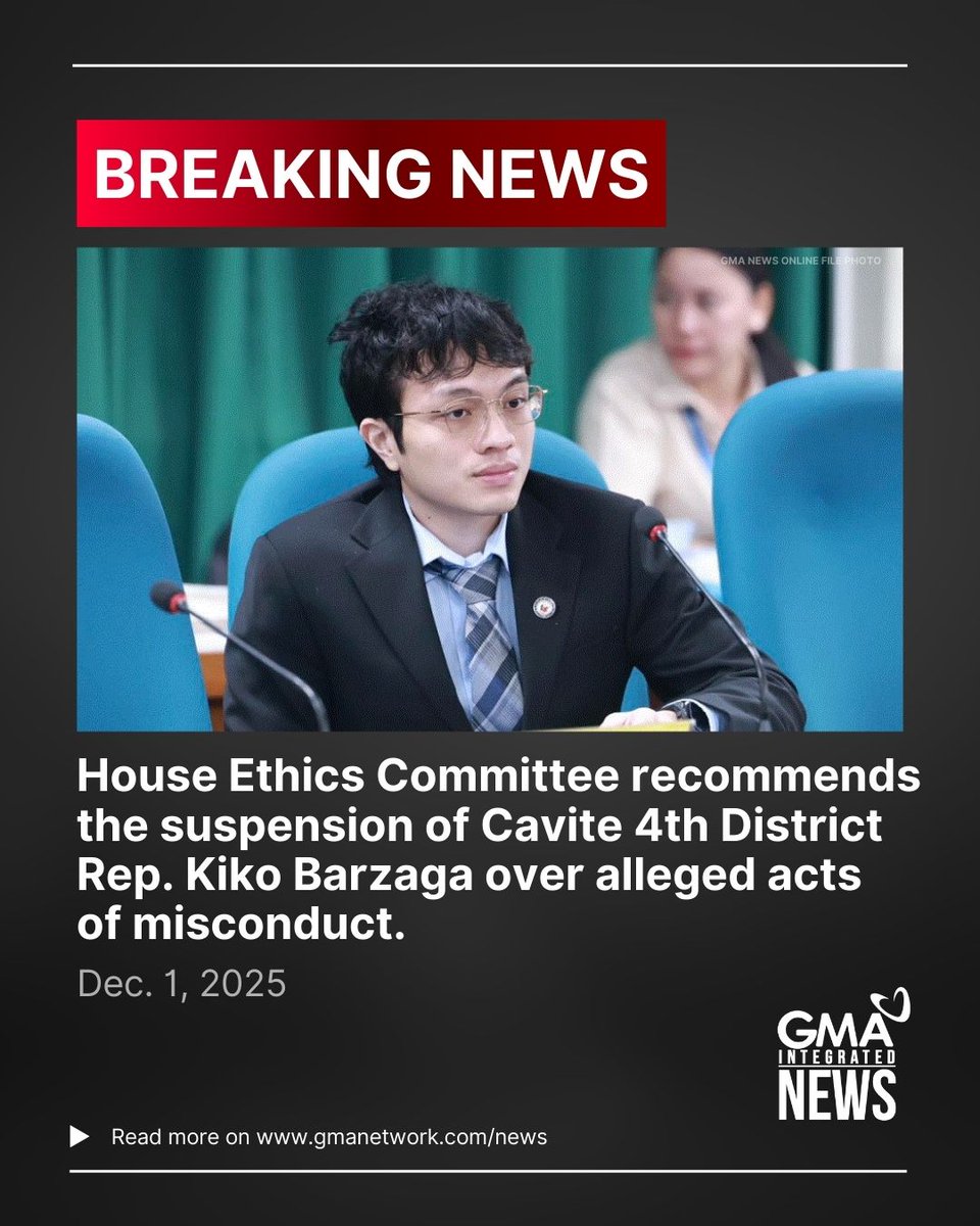 gmanews's tweet photo. BREAKING: House Ethics Committee finds Cavite 4th District Rep. Kiko Barzaga guilty of disorderly behavior over alleged acts of misconduct in his social media posts.

The committee recommends suspending Barzaga for 60 days without salary benefits, with a stern warning.

After the issuance of the recommendation, Barzaga addressed the plenary and said that he wholeheartedly accepts the decision of the committee, and added that "President Marcos should be held accountable to his crimes."

Details soon on https://t.co/bAMF9JOAN0.