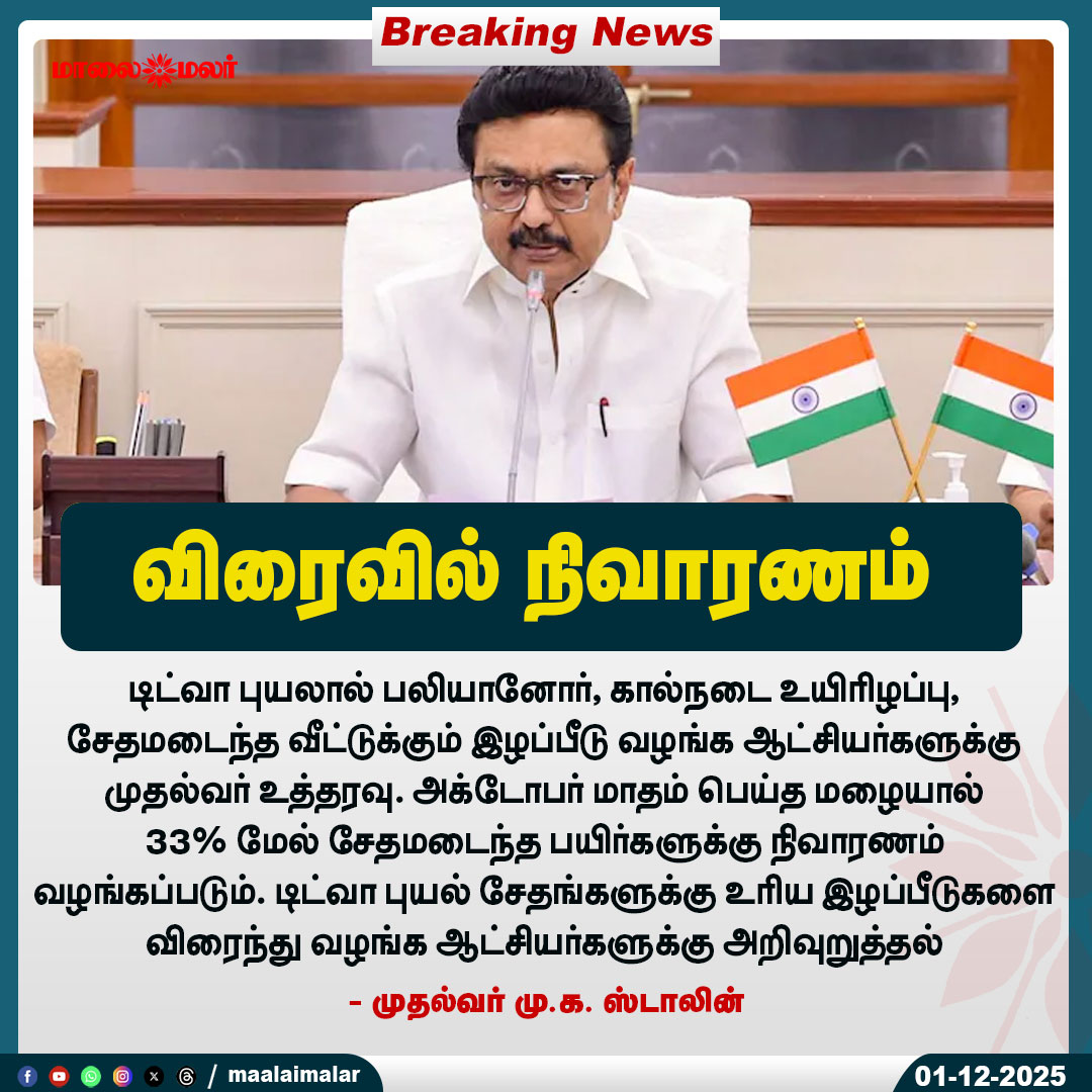 maalaimalar's tweet photo. விரைவில் நிவாரணம்
#TamilNadu #ReliefUpdate #CycloneDitva #MKStalin #TamilNews #TNGovernment #DisasterRelief #LatestUpdate #Maalaimalar https://t.co/bKMT3Tvh66