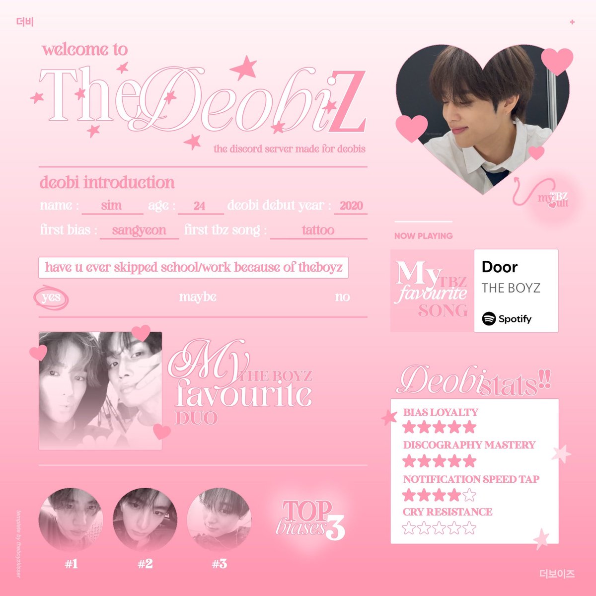 theboyzkisser's tweet image. deobi server on discord is here !! join if u want to meet other deobis and have fun 🩷 we got our own 더비 discord tag that u can use on ur discord profile !! and fill out deobi file template 💕

discord.gg/bCTjgmMp

#더비 #더보이즈 #THEBOYZ #deobi #THEB