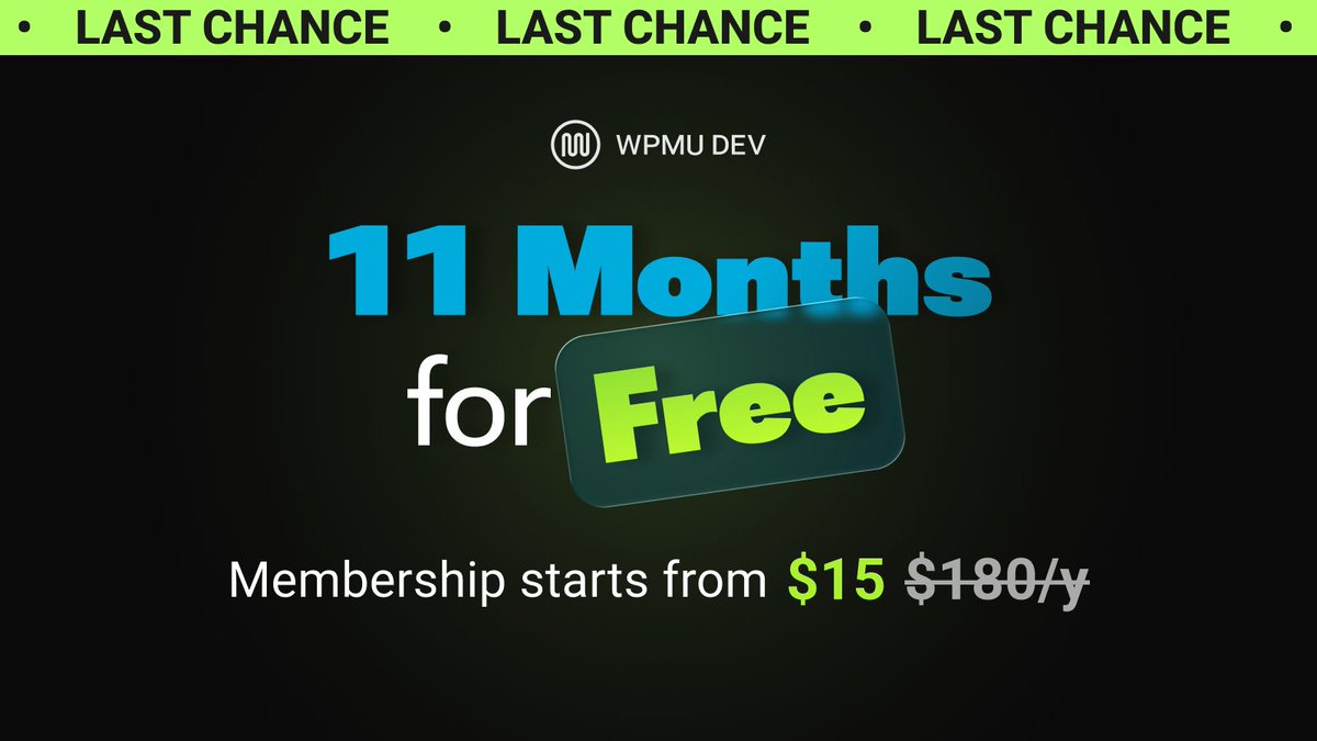 wpmudev's tweet photo. 🚨 Last chance!

Black Friday deal ends soon:
Pay for 1 month → get a full year FREE 🙌

11 months on us of plugins, client tools, security, backups &amp; support that take the headaches out of running your WordPress business.

Grab it before it’s gone:
👉 https://t.co/NXE3XjBTi2 https://t.co/8fUCIYVV9c