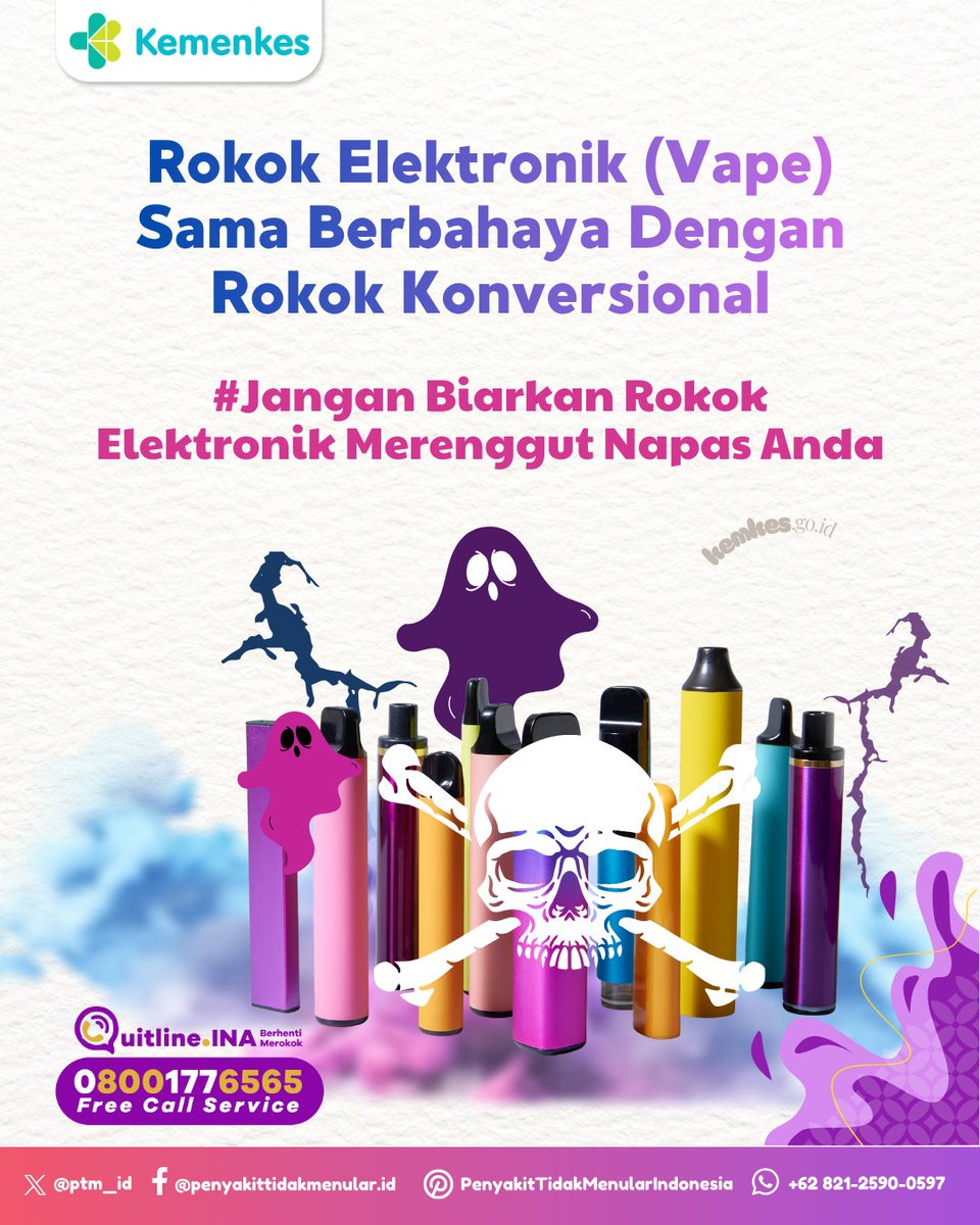 ptm_id's tweet image. Hi Sobat Sehat!
Jangan biarkan Rokok Elektronik mengambil napas terakhirmu.

📞 Quitline.INA 0800-177-6565 – layanan gratis

#CERDIK #CegahPTM #P2P #DukungGERMAS #BerhentiMerokok #StopVapeSekarang #CegahPTM #HidupSehat2025 #SobatSehat #QuitlineINA