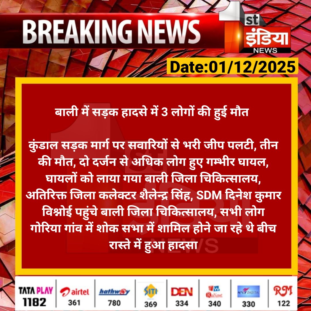 1stIndiaNews's tweet image. #Pali #बाली में सड़क हादसे में 3 लोगों की हुई मौत 

कुंडाल सड़क मार्ग पर सवारियों से भरी जीप पलटी, तीन की मौत, दो दर्जन से अधिक लोग हुए गम्भीर घायल...

#RajasthanWithFirstIndia @PaliPolice