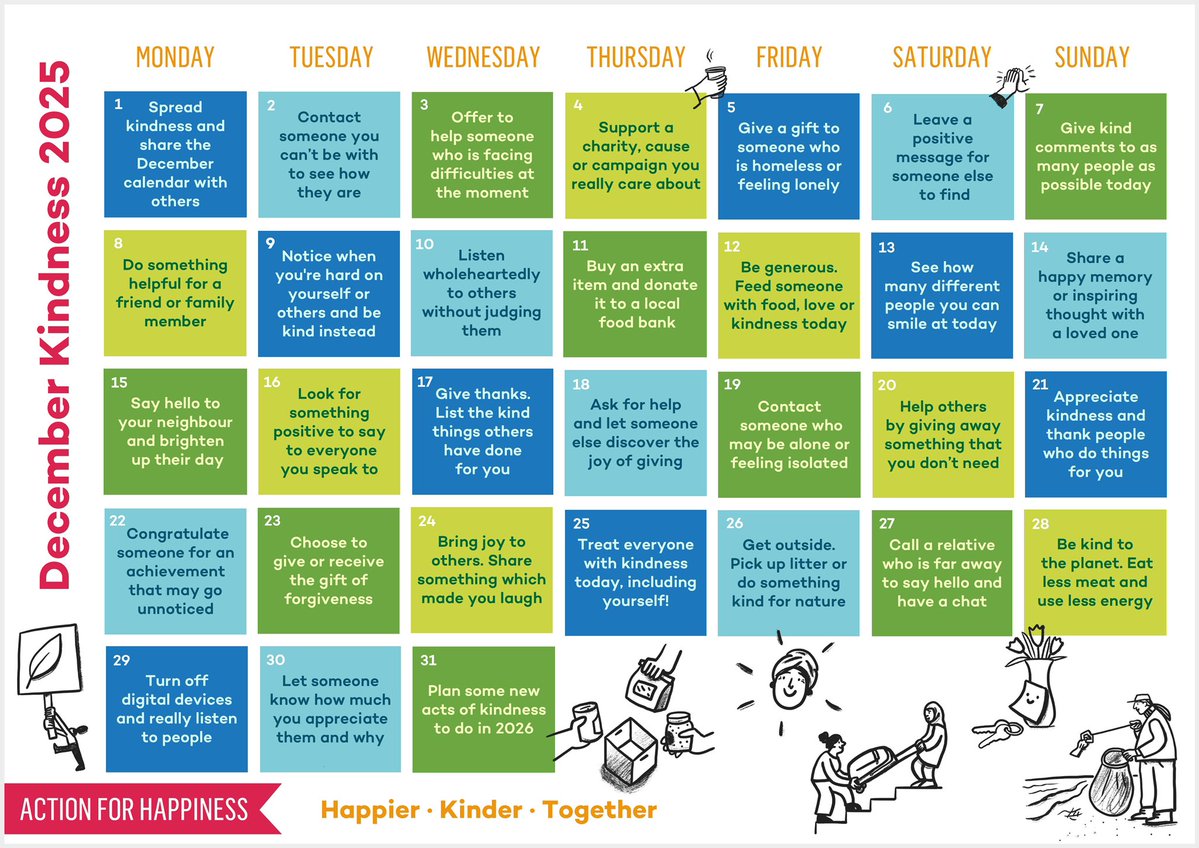 actionhappiness's tweet image. Do Good December - Day 1: Spread kindness and share the December calendar with others actionforhappiness.org/do-good-decemb… #DoGoodDecember