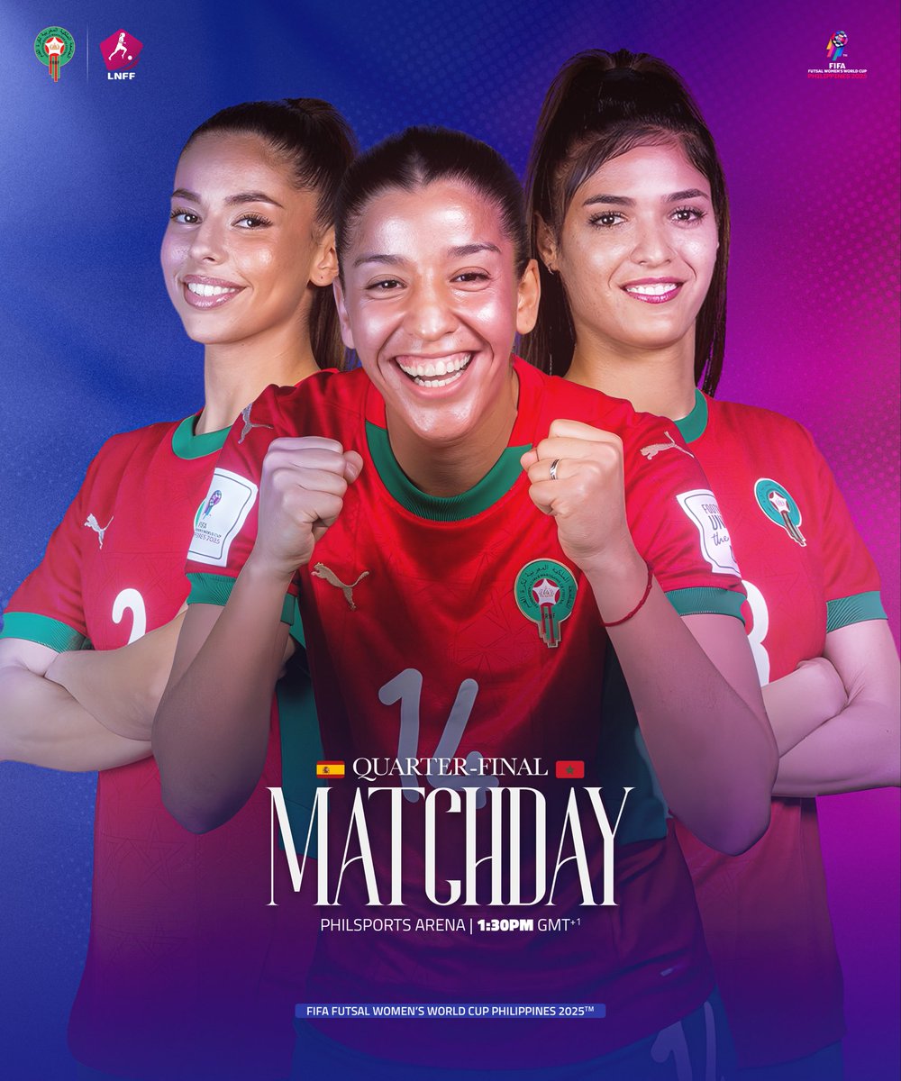 يــــوم الــــمــــبــــاراة ⚽️🇲🇦
المنتخب الوطني سيدات لكرة القدم داخل القاعة يخوض اليوم مباراته أمام إسبانيا في ربع نهائي كأس العالم 🌍🏆
كل التوفيق للاعباتنا ولمنتخبنا الوطني في هذا اللقاء 🙏🏼