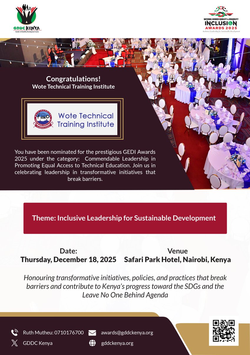 gddckenya's tweet image. Congratulations to @WoteTti on your nomination for Commendable leadership in promoting equal access to technical education award in the National GEDI Awards 2025

#GEDIAwards2025 #InclusiveLeadership #DisabilityInclusion #LeaveNoOneBehind