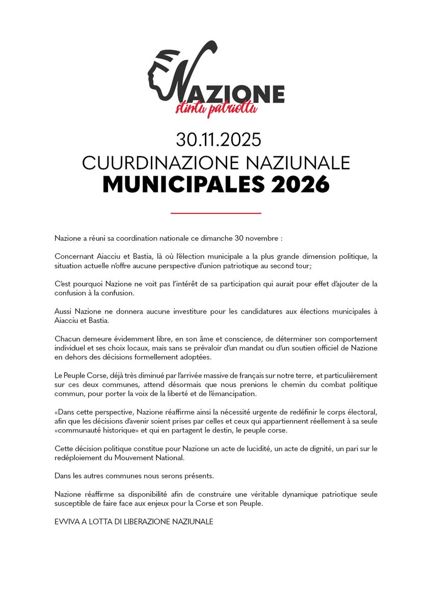 NAZIONE_'s tweet image. ⚠️⭕️ (𝟯𝟬.𝟭𝟭.𝟮𝟬𝟮𝟱) 𝗖𝗨𝗨𝗥𝗗𝗜𝗡𝗔𝗭𝗜𝗢𝗡𝗘 𝗡𝗔𝗭𝗜𝗨𝗡𝗔𝗟𝗘 : 𝗠𝗨𝗡𝗜𝗖𝗜𝗣𝗔𝗟𝗘𝗦 𝟮𝟬𝟮𝟲

Cette décision politique constitue un acte de lucidité, un acte de dignité, un pari sur le redéploiement du Mouvement National.

EVVIVA A LOTTA DI LIBERAZIONE NAZIUNALE

⬇️