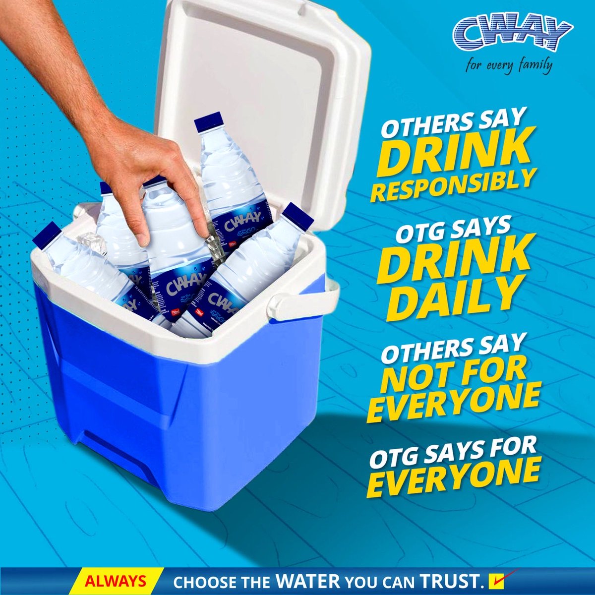 Hydration should never come with limitations. 💧

CWAY OTG provides clean, safe, and trusted water that is suitable for everyone, every day. ✔️

With OTG, the quantity you drink is never a concern, your well-being comes first. 💙

#CWAYOTG #WaterYouCanTrust