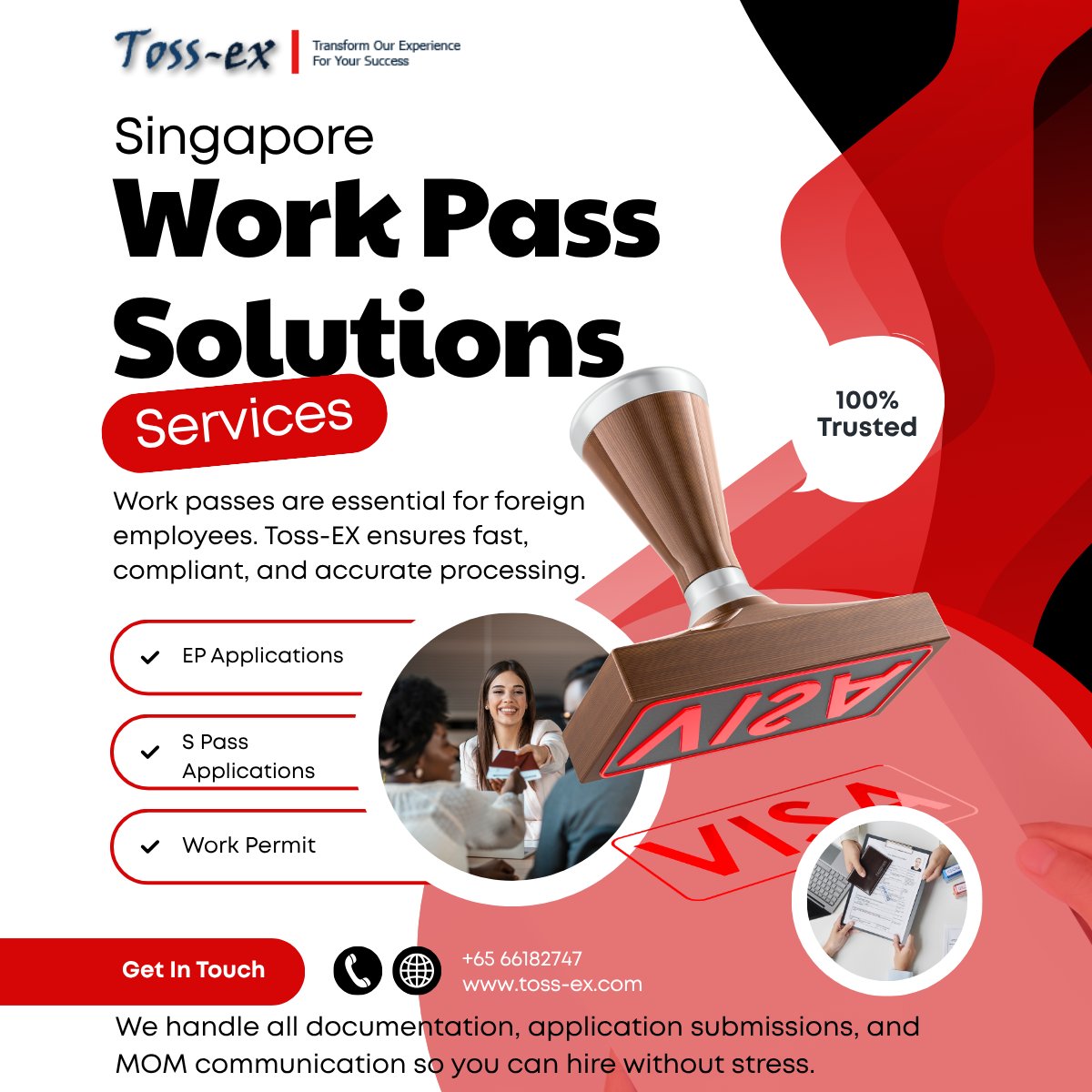 TossexSingapore's tweet image. Looking to hire foreign talent in Singapore? 🇸🇬
Toss-EX Pte Ltd provides fast, accurate &amp;amp; compliant Work Pass Solutions for businesses.
✔ EP Applications
✔ S Pass Applications
✔ Work Permits

🌐 toss-ex.com
#WorkPass #SingaporeHiring #EPApplication #SPass #TossEX