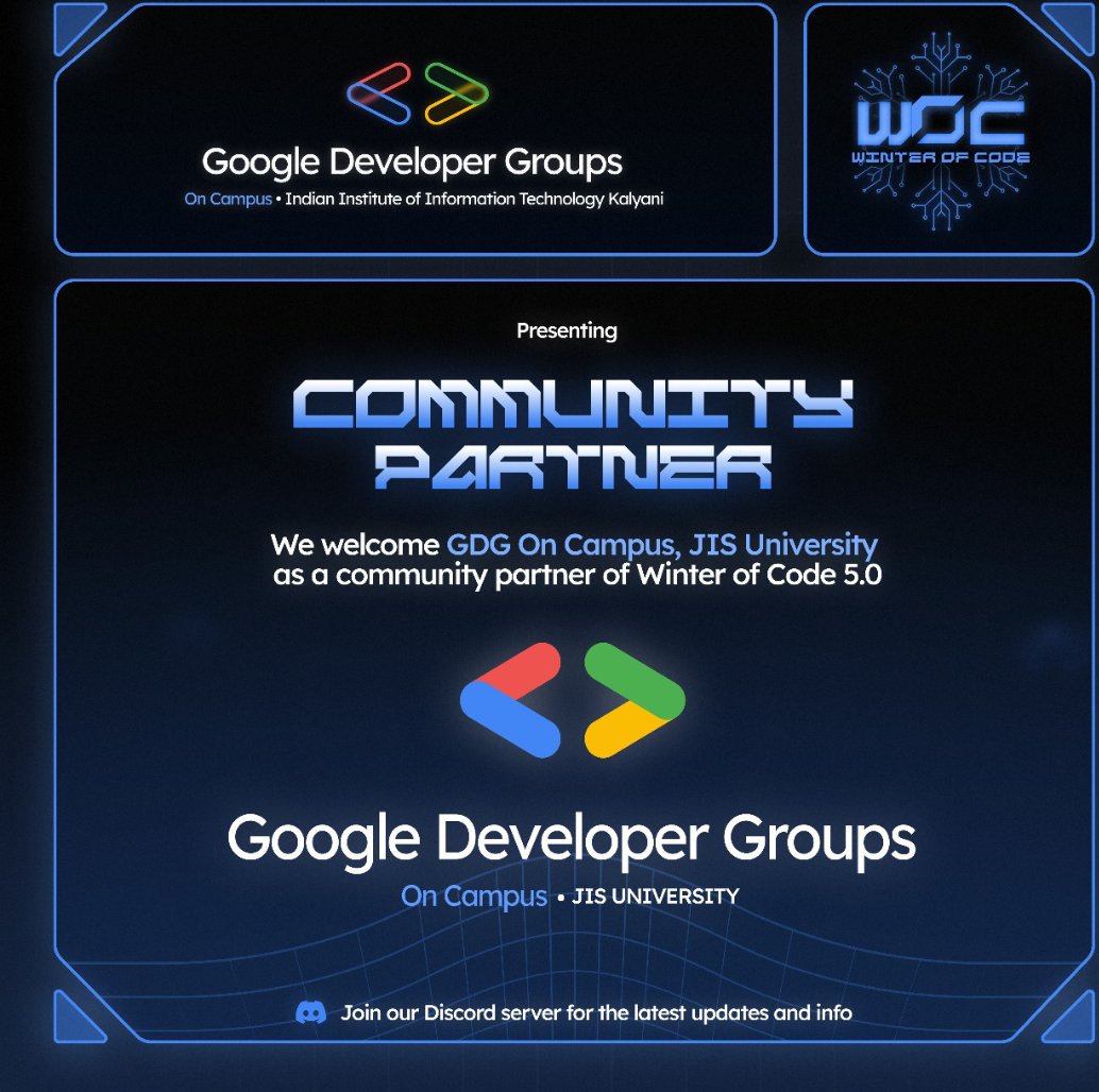 gdsciiitkalyani's tweet image. Thrilled to welcome @dscjisu as a Community Partner for Winter of Code 5.0!
Excited for the collaboration ahead. ❄️🚀
Register now: winter-of-code-5.devfolio.co/overview

Partner with us: forms.gle/h7BHyFw4v6aFMy…

#WinterOfCode #GDGOnCampus #OpenSource