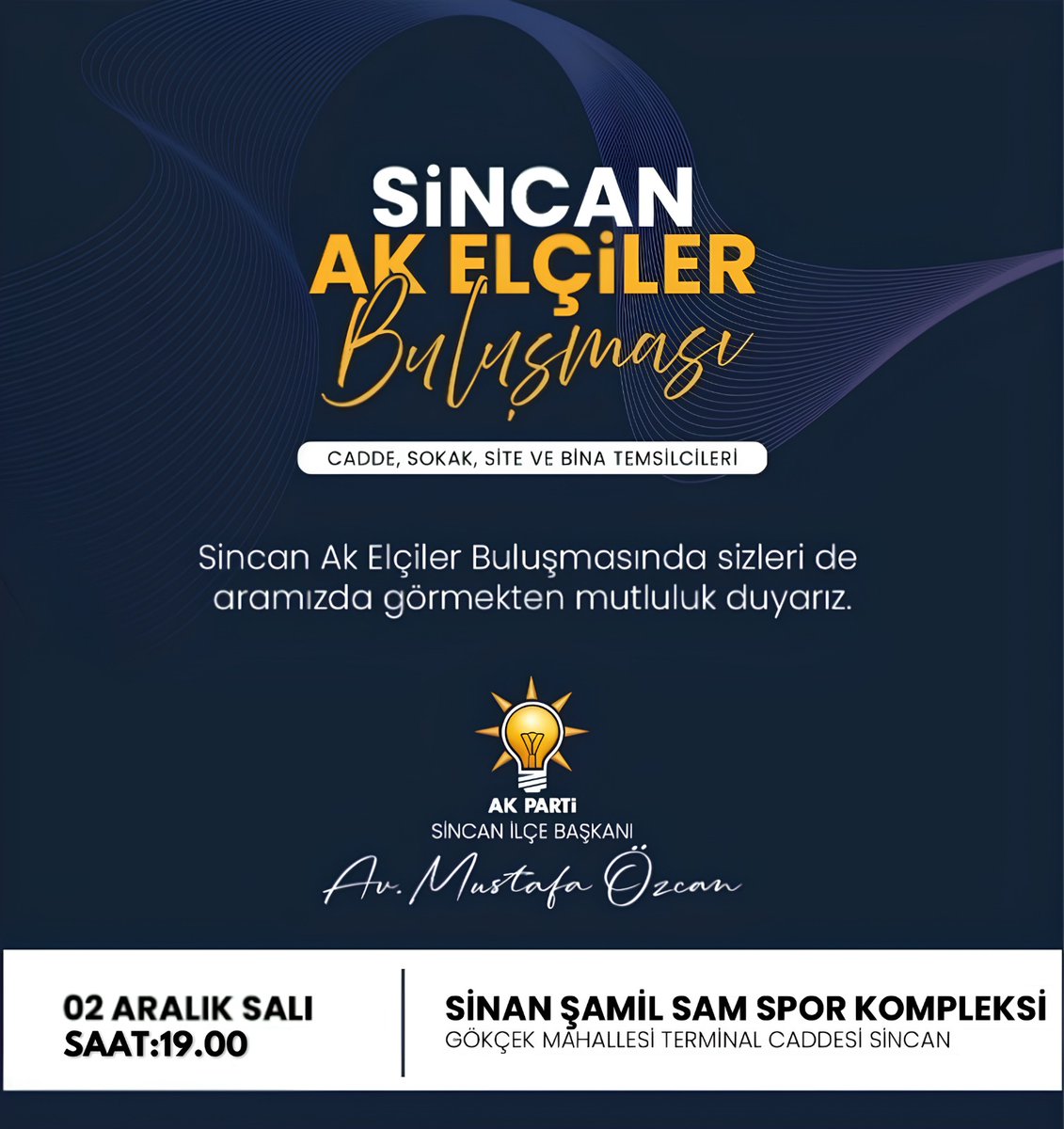 Sincan AK Elçiler Buluşması'nda birlik ve beraberlik ruhuyla bu kutlu davaya omuz verelim ve gönül köprülerimizi daha da sağlamlaştıralım!

Her binada, her sokakta, her caddede bir AK Elçi!

Sincan'dan Ankara'ya, Ankara'dan Tüm Türkiye'ye!

#SincanAKElçiler
#HerYerdeAKElçi