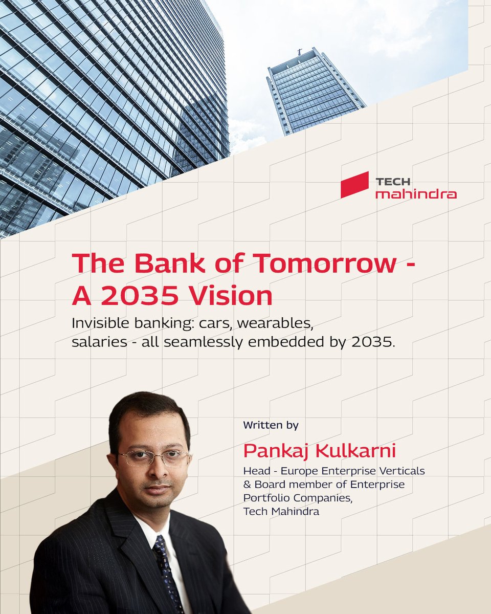 tech_mahindra's tweet image. 🏦 The Bank of Tomorrow is invisible, intelligent, and embedded.

At @tech_mahindra, we’re shaping a vision of banking in 2035 that blends seamlessly into everyday life, learns in real time, and thrives within broader ecosystems.

✅ Invisible: Banking shows up when life needs…