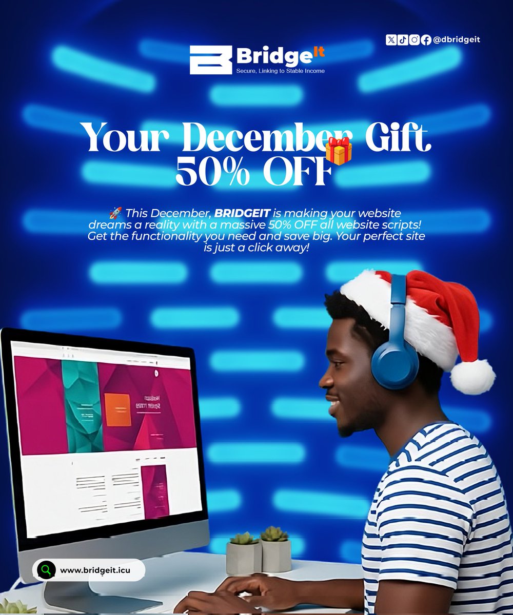 🎁 December comes with gifts!
Get 50% OFF ALL website scripts from BridgeIt 🔥
Build your dream website &amp; save big.
👉 bridgeit.icu
#BridgeIt #WebDev #DecemberSale #TechDeals