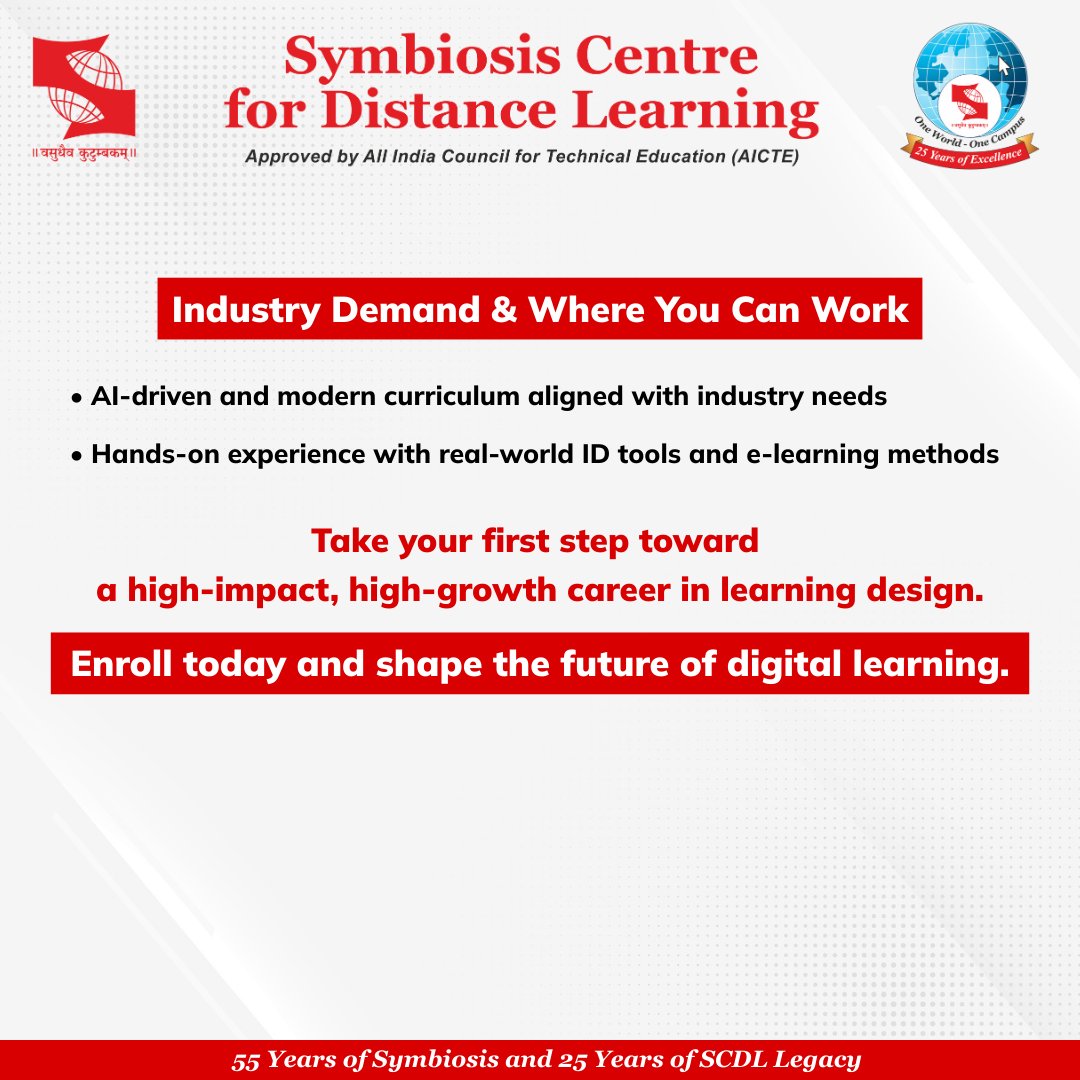 SCDLSymbiosis's tweet image. SCDL’s Post Graduate Diploma in Instructional Design (PGDID) prepares you to create powerful, learner-centric digital training solutions for corporates, universities, and global organizations.
Enrol - scdl.net/programs/post-… 

#InstructionalDesign #LearningAndDevelopment