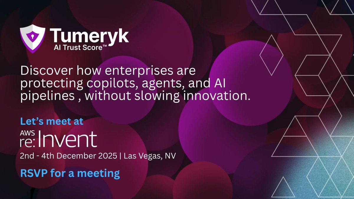 aitumeryk's tweet image. We’ll be at #AWSreInvent 2025 in Las Vegas!

AI copilots, agents &amp;amp; pipelines are powering enterprises but also exposing unseen risks.

Meet Tumeryk to see how we secure AI innovation without slowing it down.

🔗 calendly.com/rvtmryk📷

#AISecurity #AITrust #GenAI #AWSreInvent