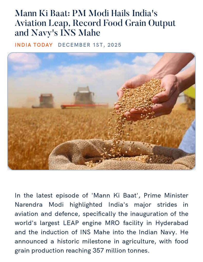 PMOIndia's tweet image. #MannKiBaat: PM @narendramodi Hails India&apos;s Aviation Leap, Record Food Grain Output and Navy&apos;s INS Mahe
indiatoday.in/india/video/ma… 

via NaMo App