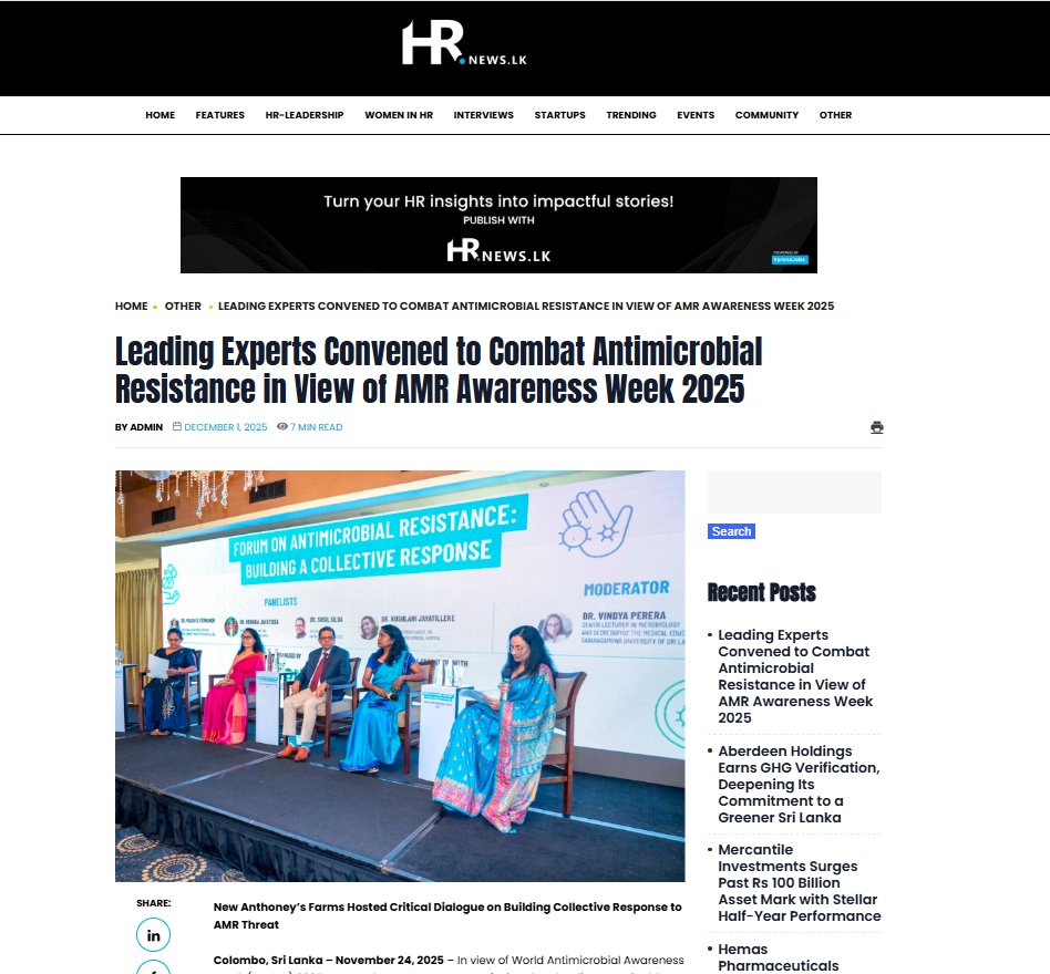 HRNewslk's tweet image. Leading Experts Convened to Combat AMR during World AMR Awareness Week 2025 

On 24 Nov, top experts discussed AMR strategies: antimicrobial‑free poultry, national surveillance &amp;amp; stronger health policies.

Read more: hrnews.lk/leading-expert…

#HRnews #AMR #WorldAMRAwarenessWeek