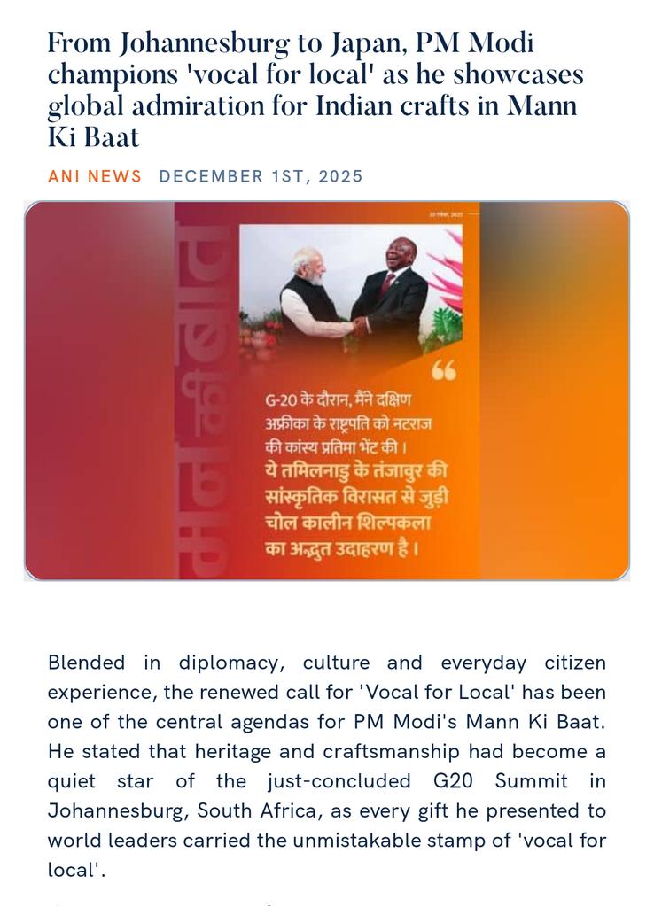 PMOIndia's tweet image. From Johannesburg to Japan, PM @narendramodi champions &apos;vocal for local&apos; as he showcases global admiration for Indian crafts in #MannKiBaat
aninews.in/news/national/… 

via NaMo App