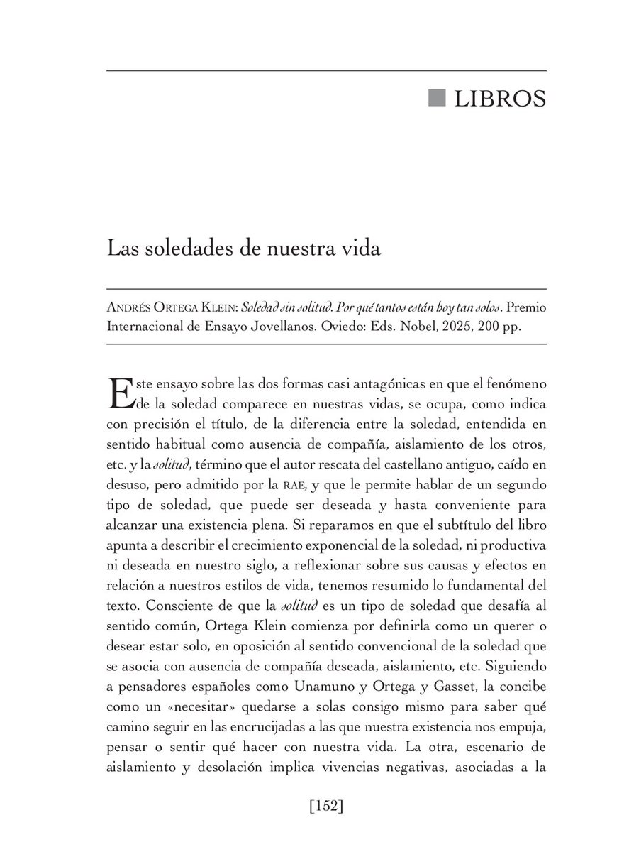 NobelEdiciones's tweet image. Las soledades de nuestra vida'

Reseña de 'Soledad sin solitud' de  @andresortegak , Premio Internacional de Ensayo Jovellanos 2025, en @revistadeoccidente 

#libros