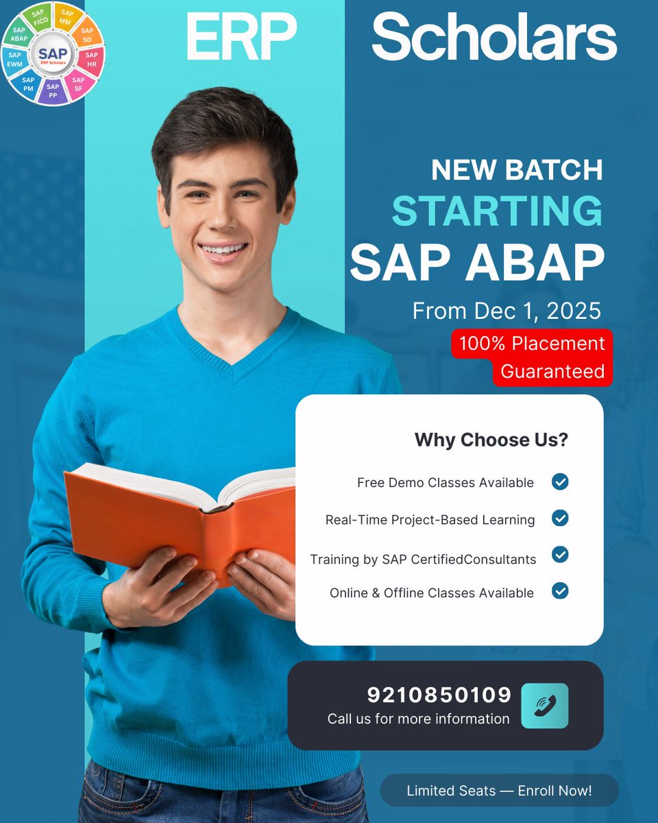 erp_scholars's tweet image. 🚀 New SAP ABAP Batch starts Dec 1, 2025!
Free Demo Classes | Real-Time Projects | SAP Certified Trainers | 100% Placement Guarantee
📞 9210850109
Seats filling fast — Enroll Now!
#SAPABAP #SAPTraining #ERPScholars #SAPCareer #NewBatch
