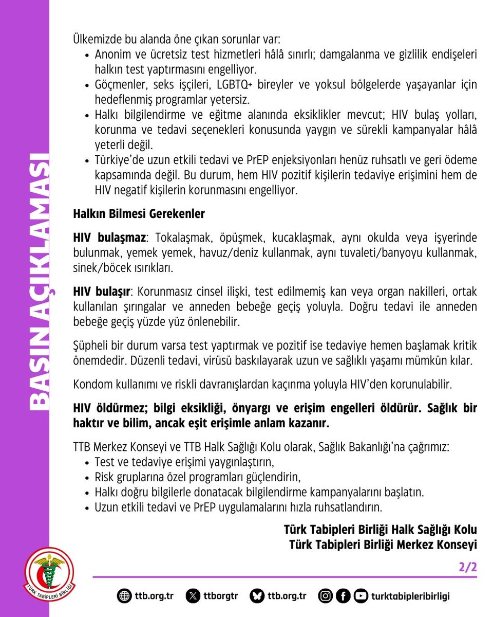 ttborgtr's tweet image. Dünya AIDS Günü 2025: HIV ile Yaşamda Bilgi ve Erişim Önemli

Bugün 1 Aralık, Dünya AIDS Günü. HIV/AIDS, hem dünya genelinde hem Türkiye’de milyonlarca insanın yaşamını etkileyen bir halk sağlığı sorunu olmaya devam ediyor.

Türkiye’de Durum:

1985-2024 yılları arasında…