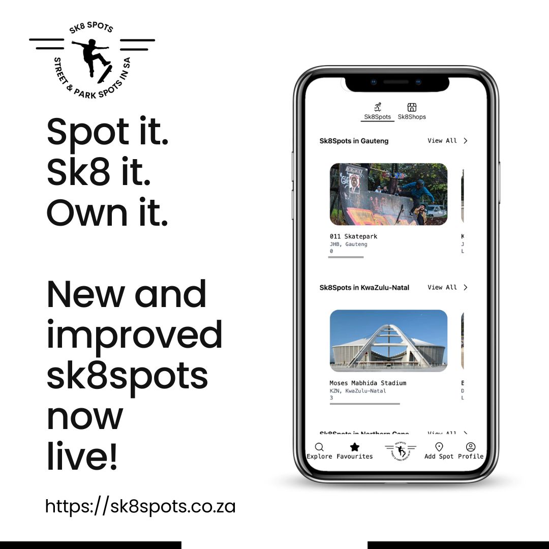 We started by mapping every skate spot in SA now:

🛒 Shop local sk8shops directly in-app (only 5% fee, supporting SA skaters)
⭐ Save your favorite spots and shops for instant access
📦 Track your orders from deck to doorstep
📍 Still the same spot finder you love, now better
