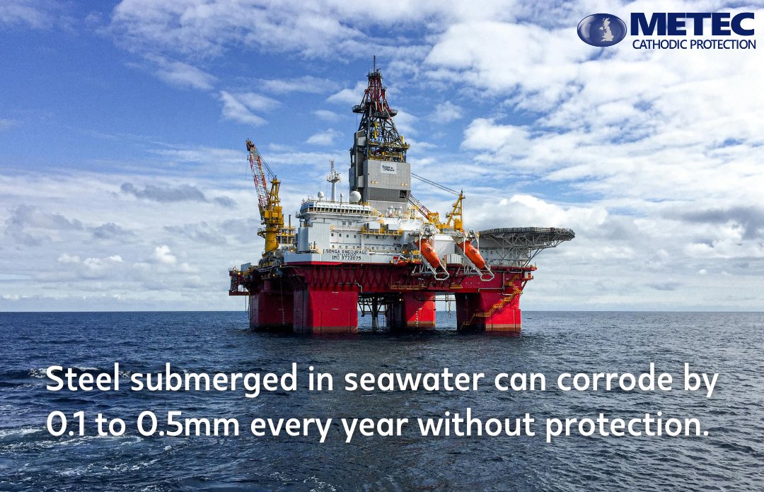 Metecgroup's tweet image. Steel in seawater corrodes by 0.1–0.5mm/year without protection. 

That adds up quickly! 

METEC’s anodes shield your infrastructure and save you from expensive repairs. ⚙️ 

S;Port Technology International #OffshoreEngineering #CorrosionPrevention