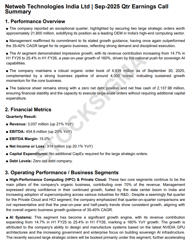myAlerts_in's tweet image. #NETWEB #NETWEBQ2 Netweb Technologies Ltd Q2FY26 Earnings Concall Summary