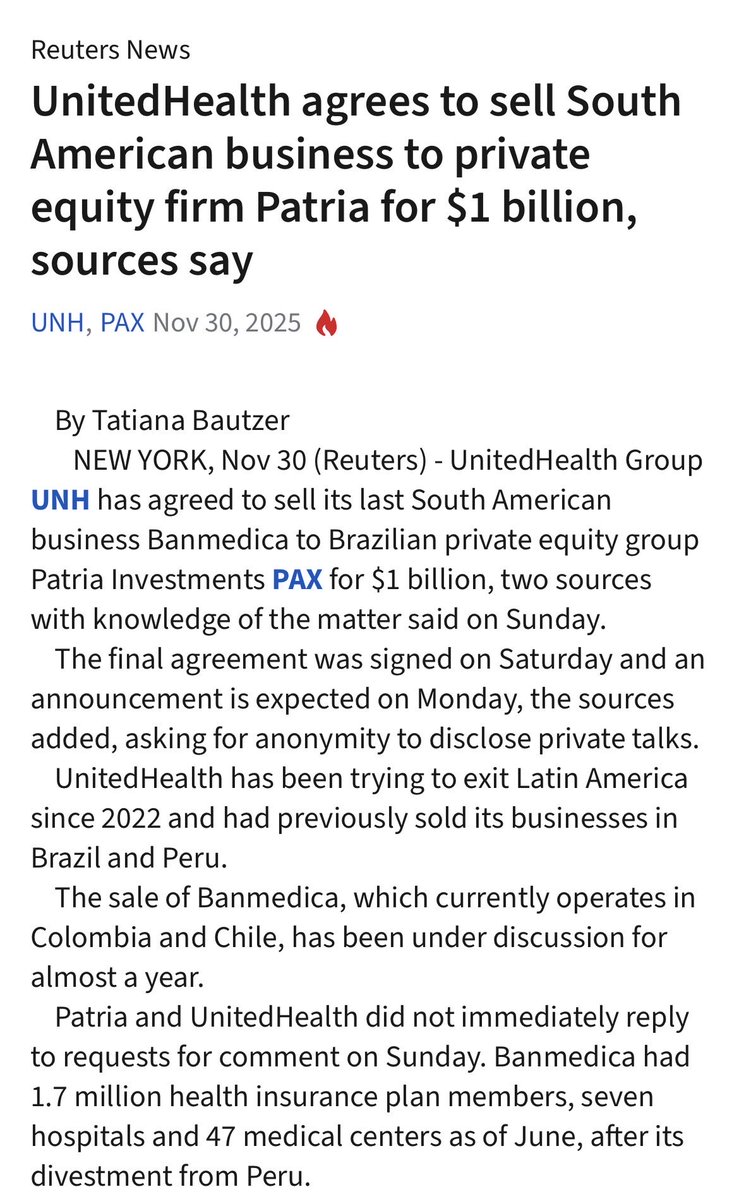 $PAX &amp; $UNH agree on $1B deal on Banmedica
A ‘small’ asset manager like Patria Investments doing $1B deals 🙌