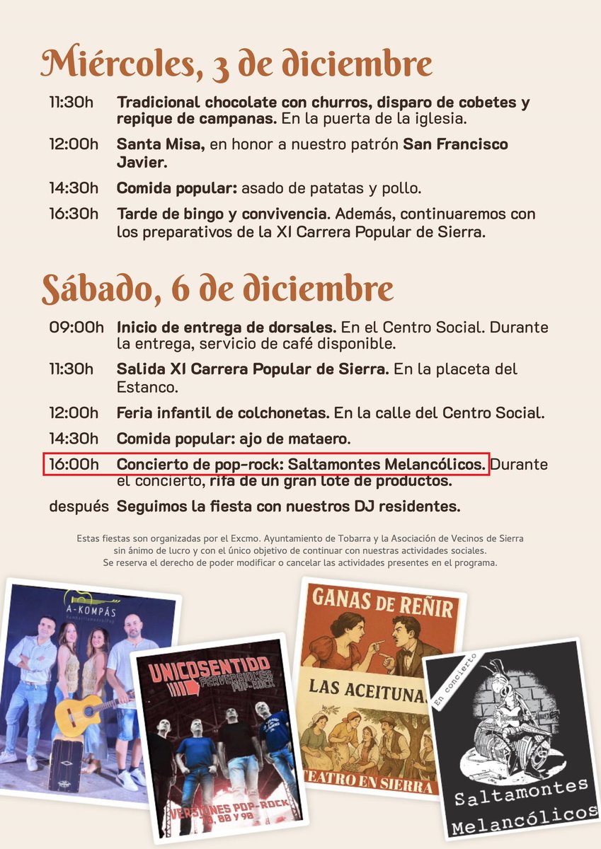 El próximo sábado, 6 de diciembre, volvemos a Sierra. Hemos perdido la cuenta de los años que llevamos formando parte de la programación de sus fiestas, y siempre lo pasamos igual de bien que el primero. Tocar en Sierra es jugar en casa.

<a href="/aavvsierra/">Asoc. Vecinos Sierra</a>