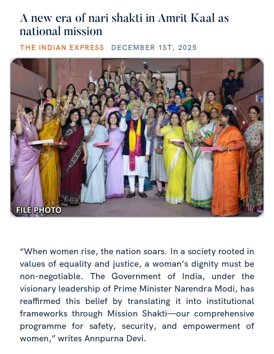 PMOIndia's tweet image. Nari Shakti is at the heart of India’s future. As Bharat enters Amrit Kaal, the term is no longer just a slogan; it is a national mission. From One-Stop Centres to fast-track courts, from helplines to social-security hubs, under Mission Shakti, the government is ensuring dignity…