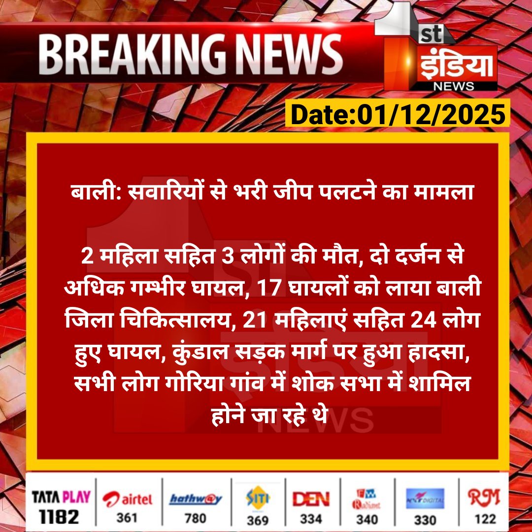 1stIndiaNews's tweet image. #Pali #बाली: सवारियों से भरी जीप पलटने का मामला

2 महिला सहित 3 लोगों की मौत, दो दर्जन से अधिक गम्भीर घायल, 17 घायलों को लाया बाली जिला चिकित्सालय...

#RajasthanWithFirstIndia @PaliPolice