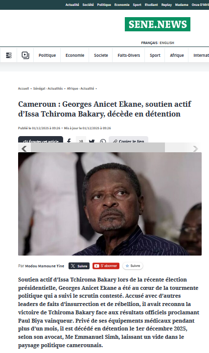 jtchoufang's tweet photo. #Cameroun: l'opposant Anicet #Ekane est mort en détention https://t.co/qy2653ARUM via @RFI
La terrible nouvelle a été reprise par plusieurs dépêches qui citent son conseil, Me Emmanuel #Simh.
On se souviendra que le président du #Manidem, figure emblématique de l'opposition, avait été privé d'équipements vitaux pendant sa détention.