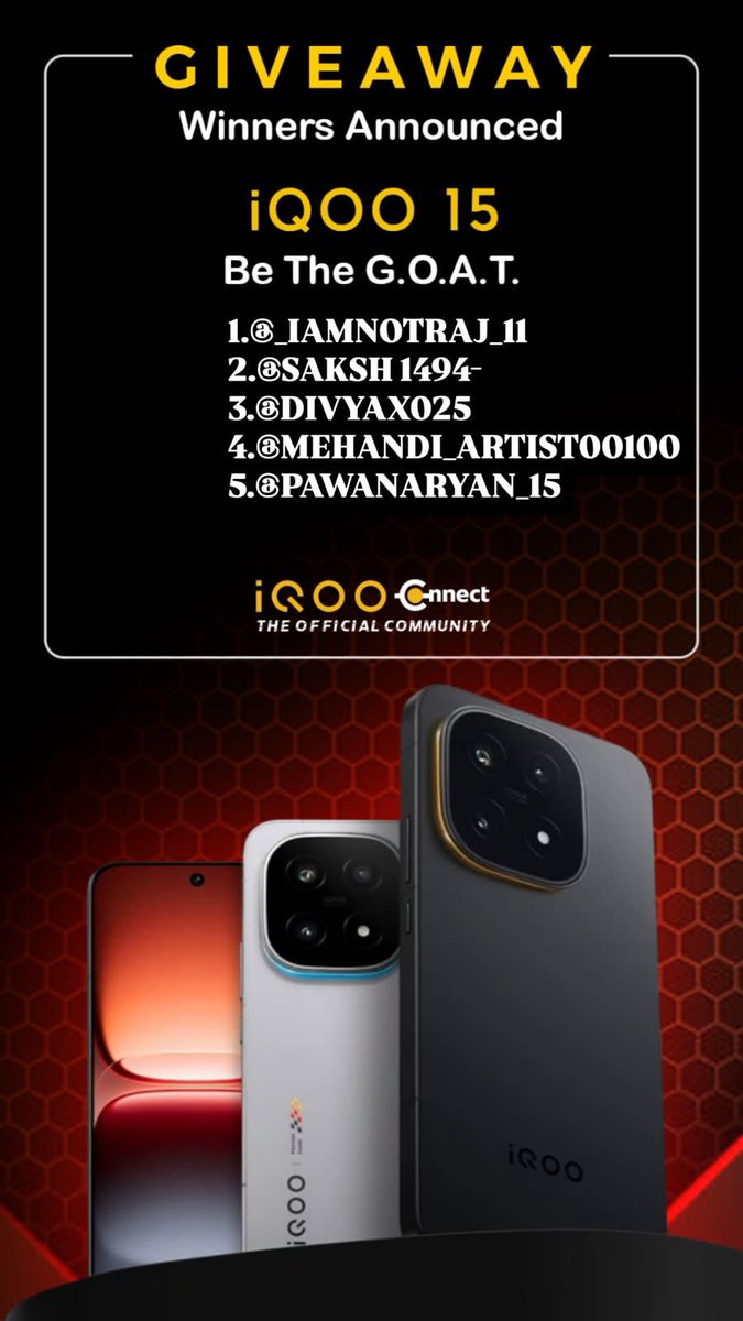 Ronakpamecha2's tweet image. Congratulations to the winners of our 5-Day Contest🚀. You earned it with consistency and sharp answers . This community showed up strong, but you three stood out and closed it with precision. Enjoy the win and stay ready. Bigger challenges are coming.
#iQOO15 #OriginOs6 #iQOO
