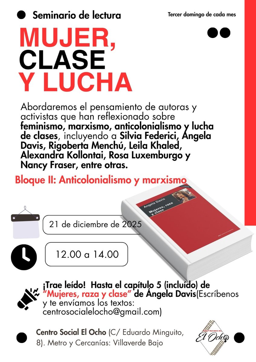 #TallerDebatePolítico Mujer, Clase y Lucha  🟣✊

🗓️ 3ª sesión: 21 diciembre de 12h a 14h
📖 Trae leído: hasta el Capítulo 5 (incluido) de "Mujeres, raza y clase" de A. Davis
🖱️ marxists.org/espanol/temati…