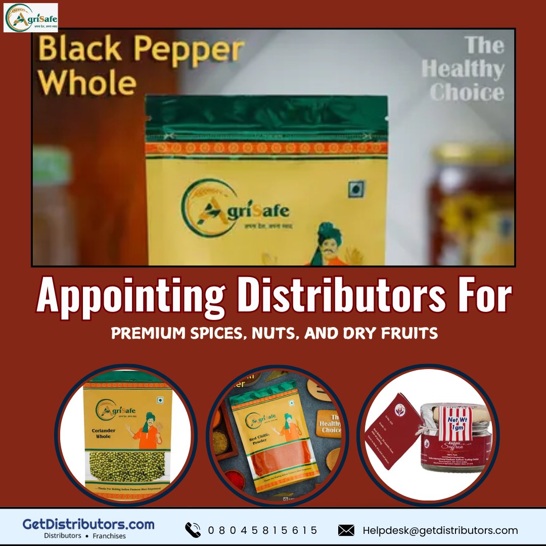 getdistributors's tweet image. Inviting Distributors for premium spices, nuts, and dry fruits
Brand 👉 #Agrisafe
Details 👉  getdistributors.com/tiny/7vSHug3MHe
★High profit margin
✓Hurry to take #Distributorship
Share your contact details
#Spice #Nuts #Dryfruit #Dealers #Wholesalers #SuperStockists #AppointDistributors
