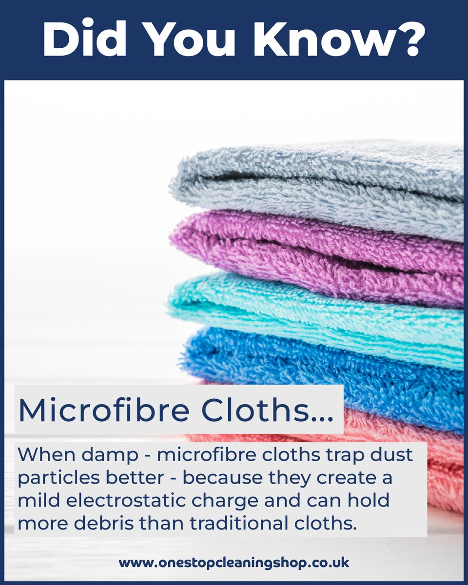 OSCSuk's tweet image. 📢DidYouKnow?

Microfibre Cloths... ✨

When damp - microfibre cloths trap dust particles better - because they create a mild electrostatic charge and can hold more debris than traditional cloths. 👍

#didyouknow #cleaning #business #microfibre #cloths #damp #dust #electrostatic
