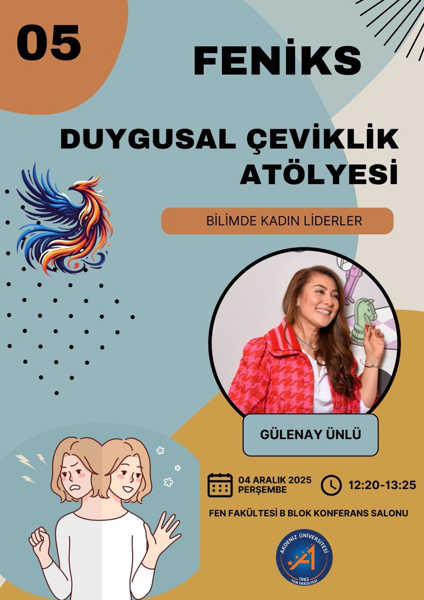 FENİKS 05 💫
“Duygusal Çeviklik Atölyesi”
Konuk: Gülenay Ünlü

📅 4 Aralık 2025
⏰ 12:20–13:25
📍 Fen Fakültesi B Blok Konferans Salonu

Öğrencilerimiz için ilham dolu bir oturum!
#Feniks #BilimdeKadınLiderler #AkdenizÜniversitesi