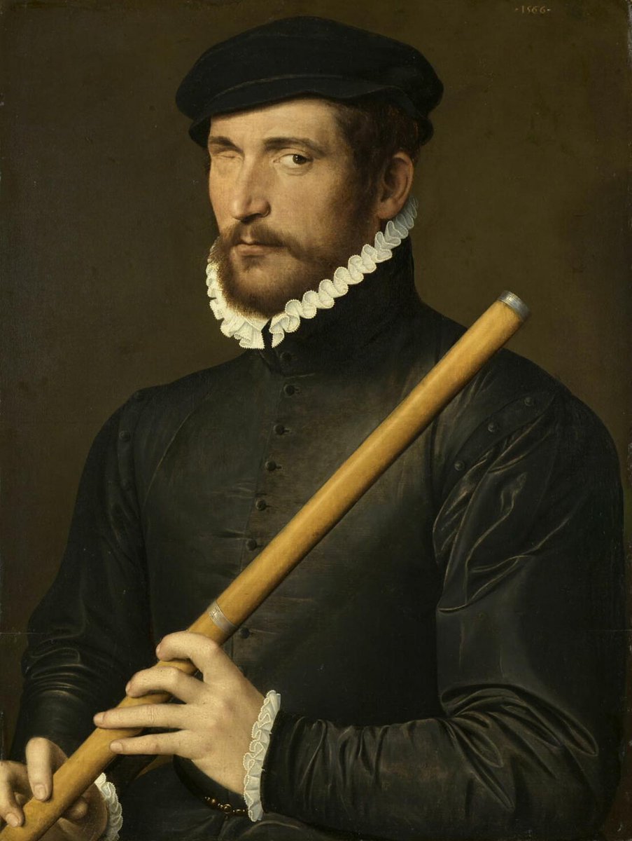 French School, Unknown Master active c. mid-16th century 
Portrait of the One-eyed Flutist, 1566
Oil on wood (oak panel)
62 × 50 cm
Musée du Louvre, Paris