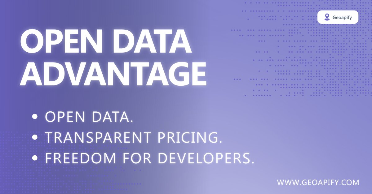 geoapify's tweet image. Geoapify is built on open principles, open data, open access, and fair pricing.

No vendor lock-in, no hidden restrictions.

Just powerful APIs that empower developers to innovate.

🔗 Discover more → geoapify.com

#Geoapify #OpenData #OpenMapping #Developers
