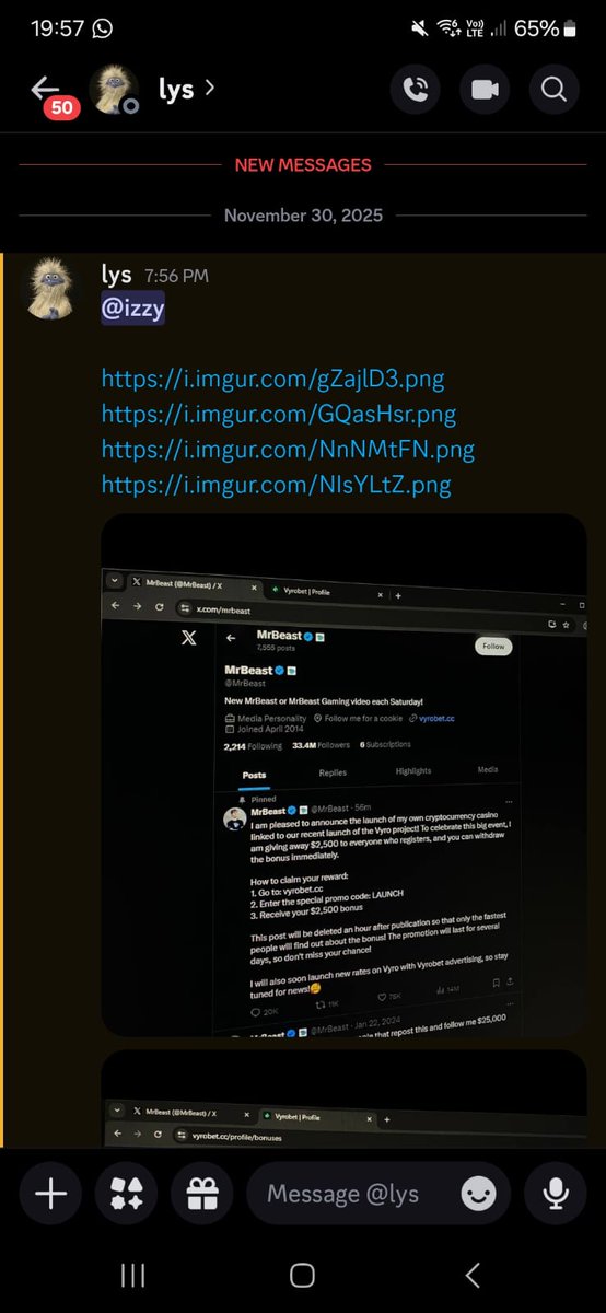 angelzziya's tweet image. bro, my discord and ig got hacked and they sent people a fucking MR. BEAST SCAM screenshot 😭😭 i'm crying, what is this??