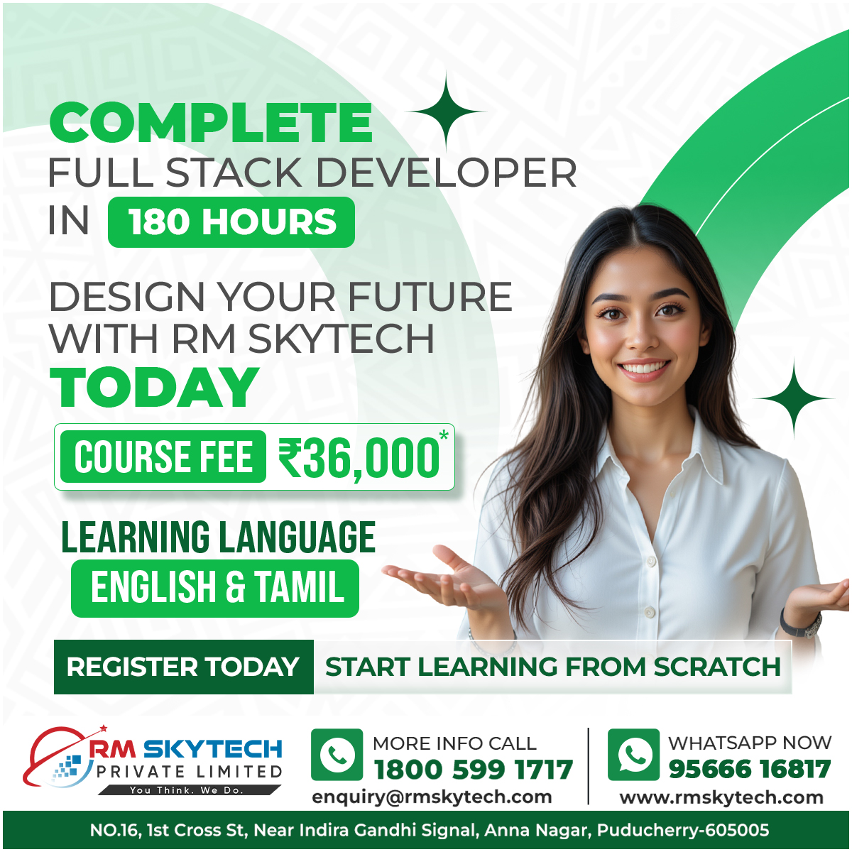 RMSkyTech1's tweet image. Are you ready to Design Your Future? 🚀

Become a Complete Full Stack Developer in just 180 HOURS with RM Skytech!

#FullStackDeveloper #CodingBootcamp #RMSkytech #DesignYourFuture #LearnToCode #CareerGoals #180Hours #Puducherry #CodingInTamil #TechTraining