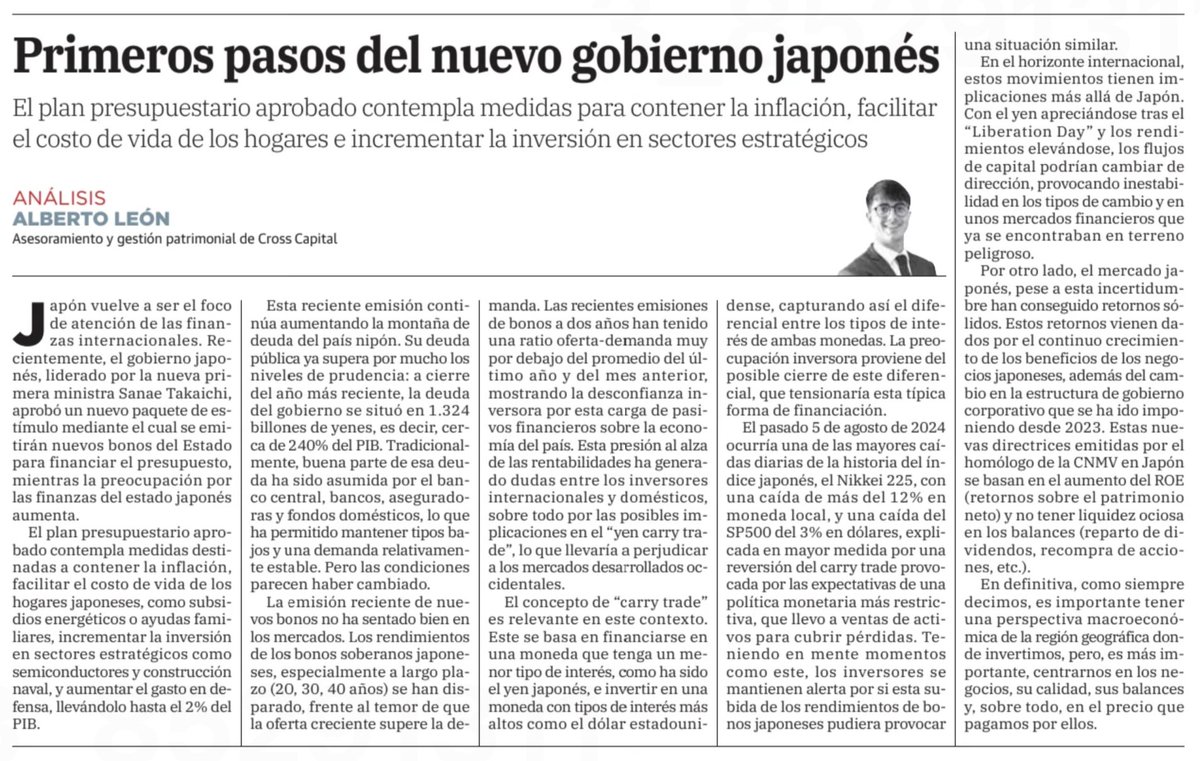 CrossCapital's tweet image. ✍️ «𝗣𝗿𝗶𝗺𝗲𝗿𝗼𝘀 𝗽𝗮𝘀𝗼𝘀 𝗱𝗲𝗹 𝗻𝘂𝗲𝘃𝗼 𝗴𝗼𝗯𝗶𝗲𝗿𝗻𝗼 𝗷𝗮𝗽𝗼𝗻𝗲́𝘀», aportación de nuestro compañero @albertolp24 , quien recoge en su artículo las primeras medidas adoptadas por el nuevo gobierno nipón y cómo han afectado a los mercados. Para nuestra última…