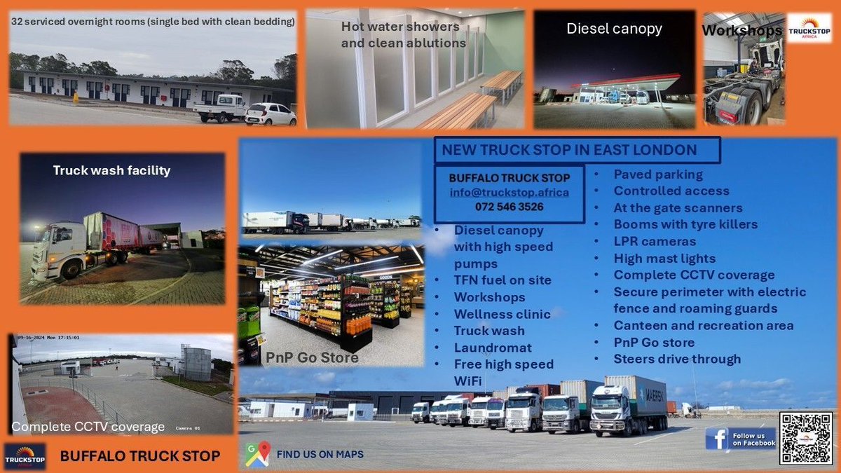 New in East London 🚛 Buffalo Truck Stop

• High-speed diesel, AdBlue &amp; lubricants
• Secure overnight parking, showers &amp; canteen
• Workshops (Scania, Aero Truck, Hi-Q)
• Steers drive-thru &amp; PnP Go

📍 maps.app.goo.gl/sop3Wy3M4uDXxp…

#TruckStop #EastLondon #Logistics