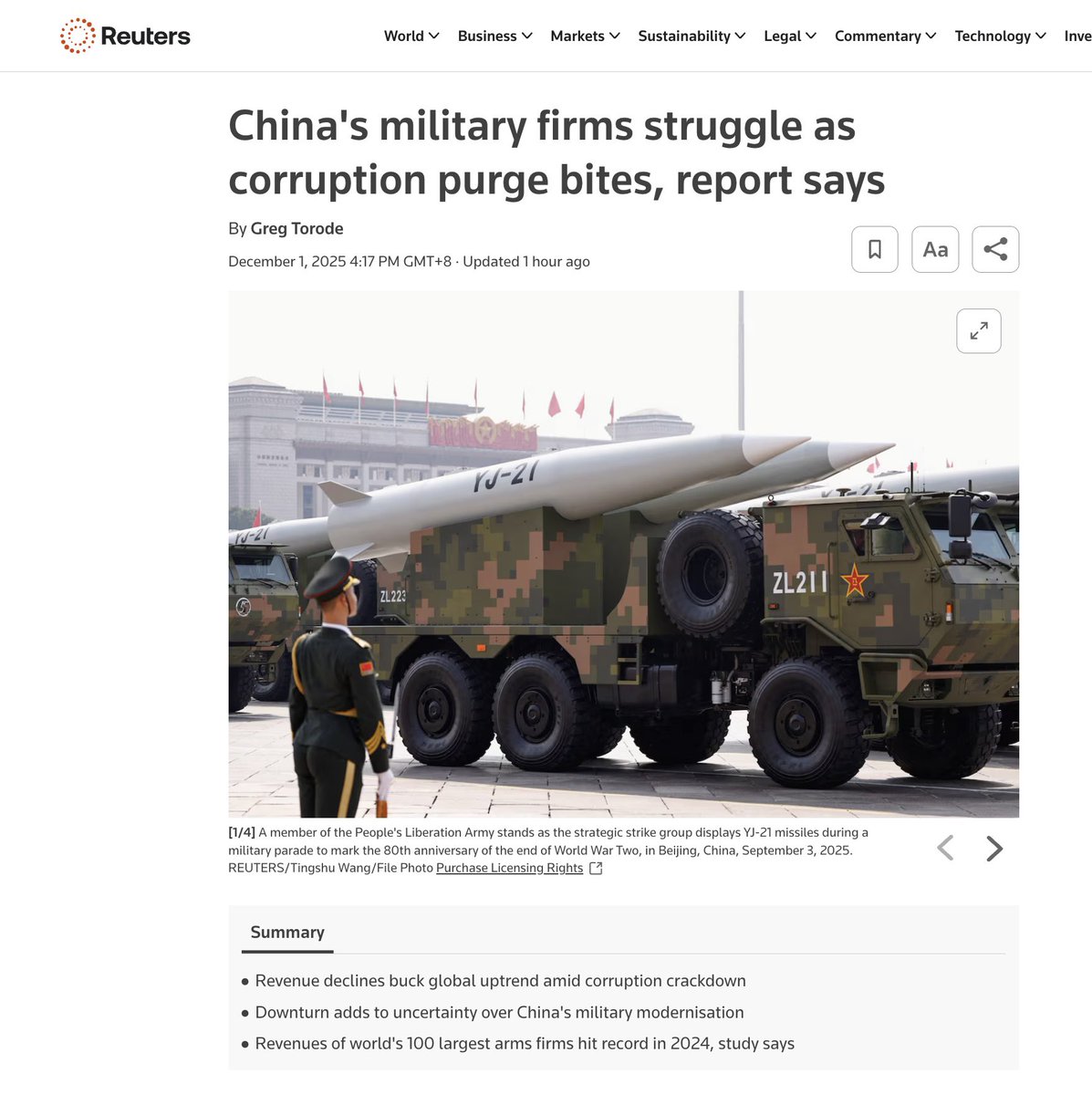So let me get this straight.

Reuters thinks China’s defence industry having lower revenue because the government is purging corrupt procurement officials is…
a problem? 🤔

Meanwhile the U.S. Pentagon has failed six consecutive audits, cannot account for trillions of dollars,